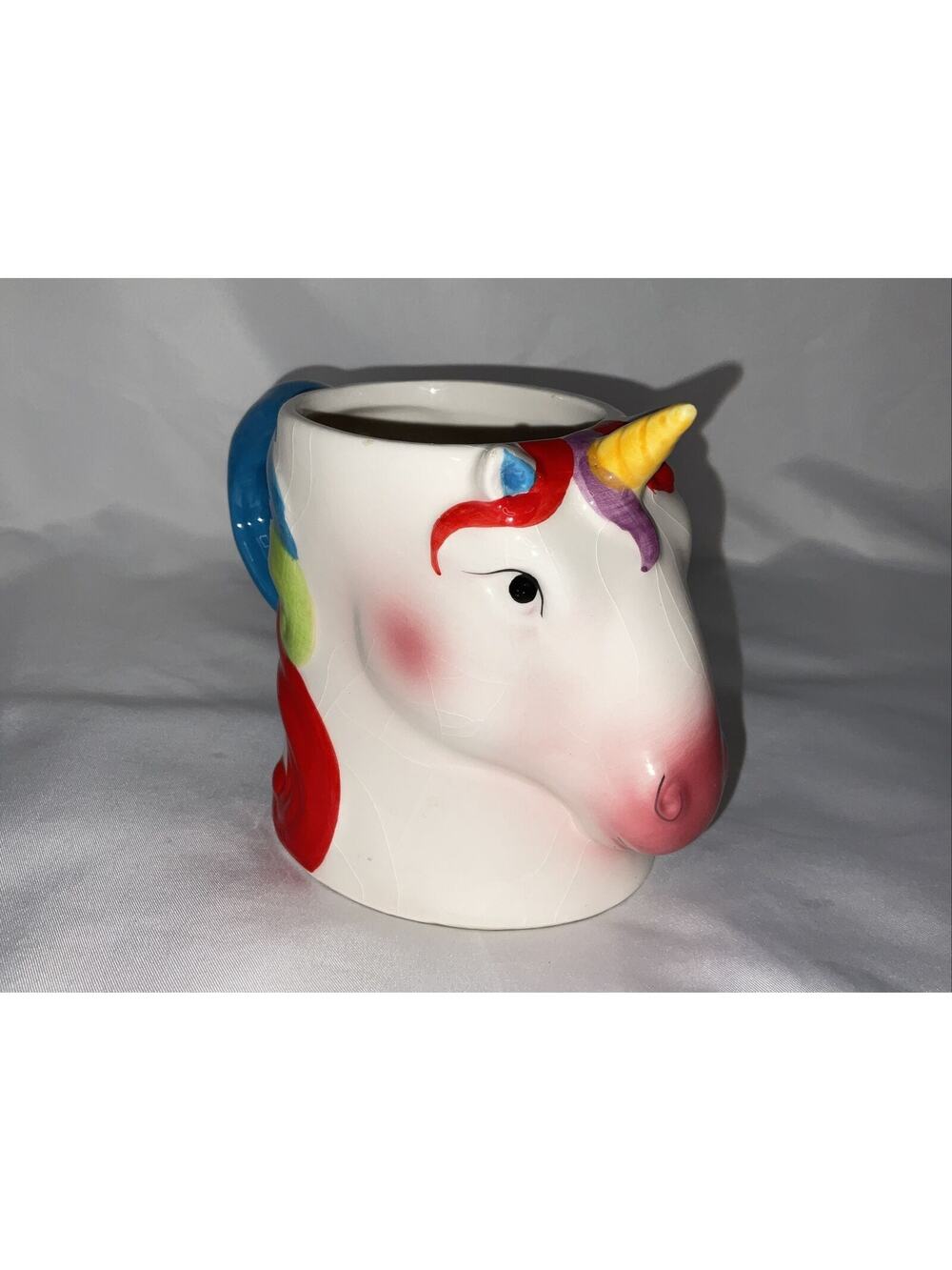 WHITE UNICORN HEAD FIGURAL RAINBOW MANE BLUE HANDLE YELLOW HORN COFFEE TEA MUG